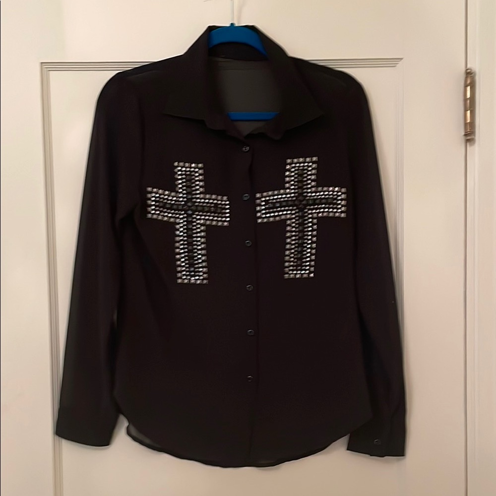 Black Button-Up Shirt with Rhinestone Crosses